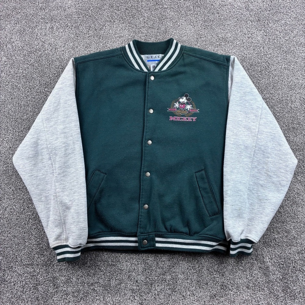 Vintage Mickey Mouse Varsity Jacket Mens XL Green Cotton Blend Sweatshirt